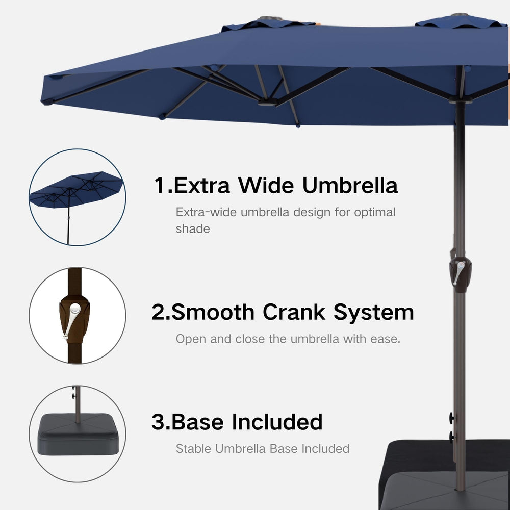 Kingdura umbrella over patio dining illustrating roomy shaded comfort