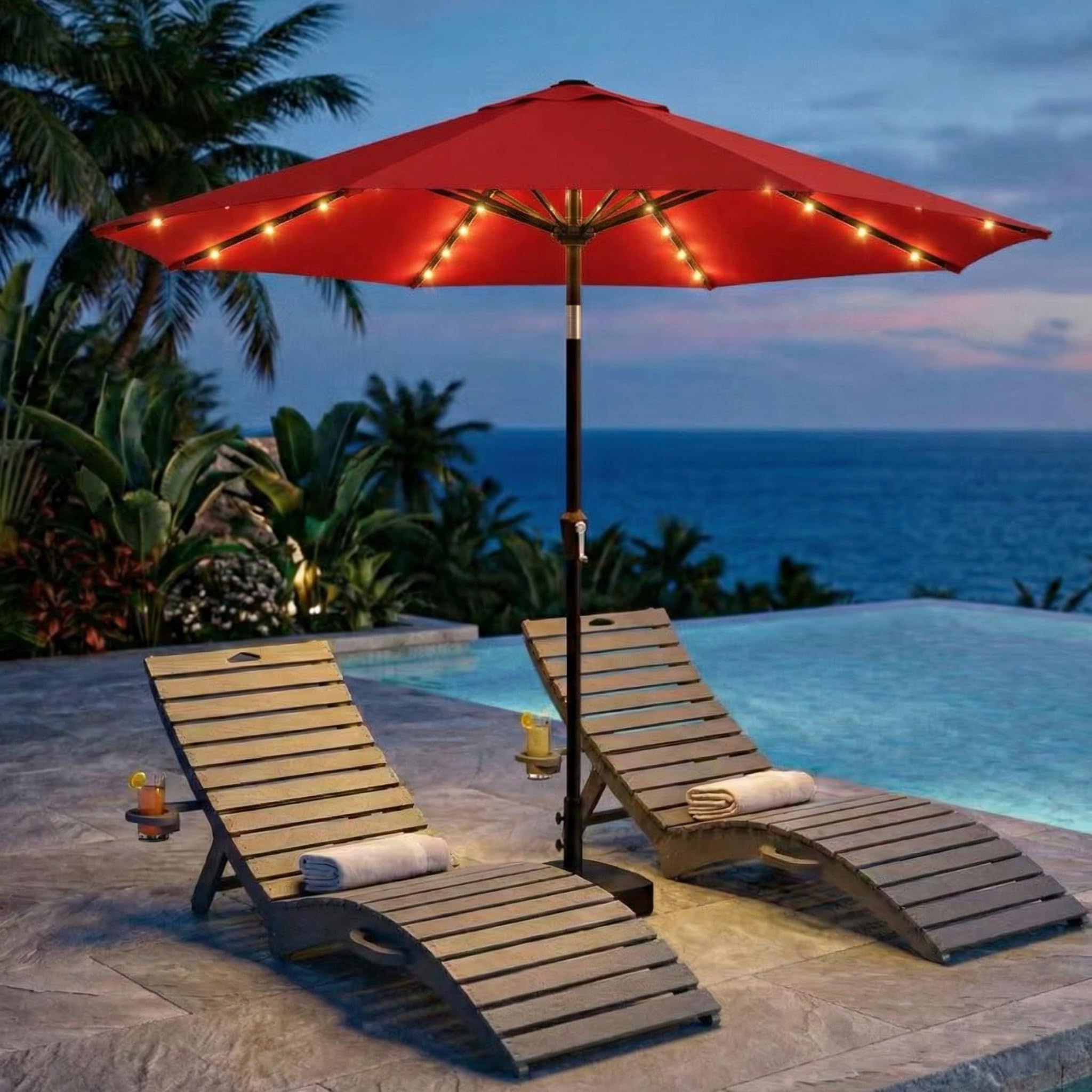 Kingdura patio umbrella in evening scene with lit LEDs creating inviting atmosphere