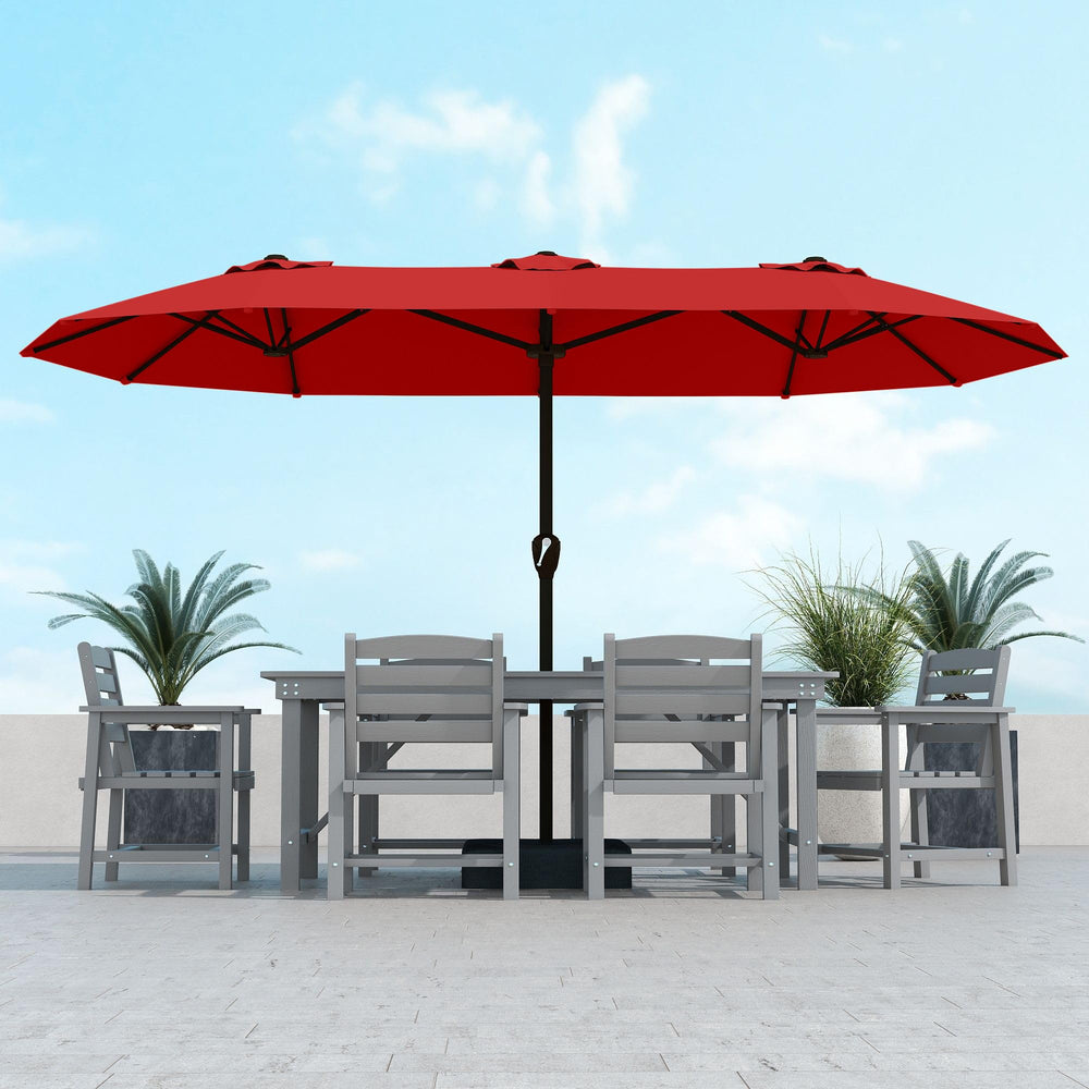 Kingdura rectangular umbrella front view showing broad shaded area and bright red canopy benefiting outdoor comfort