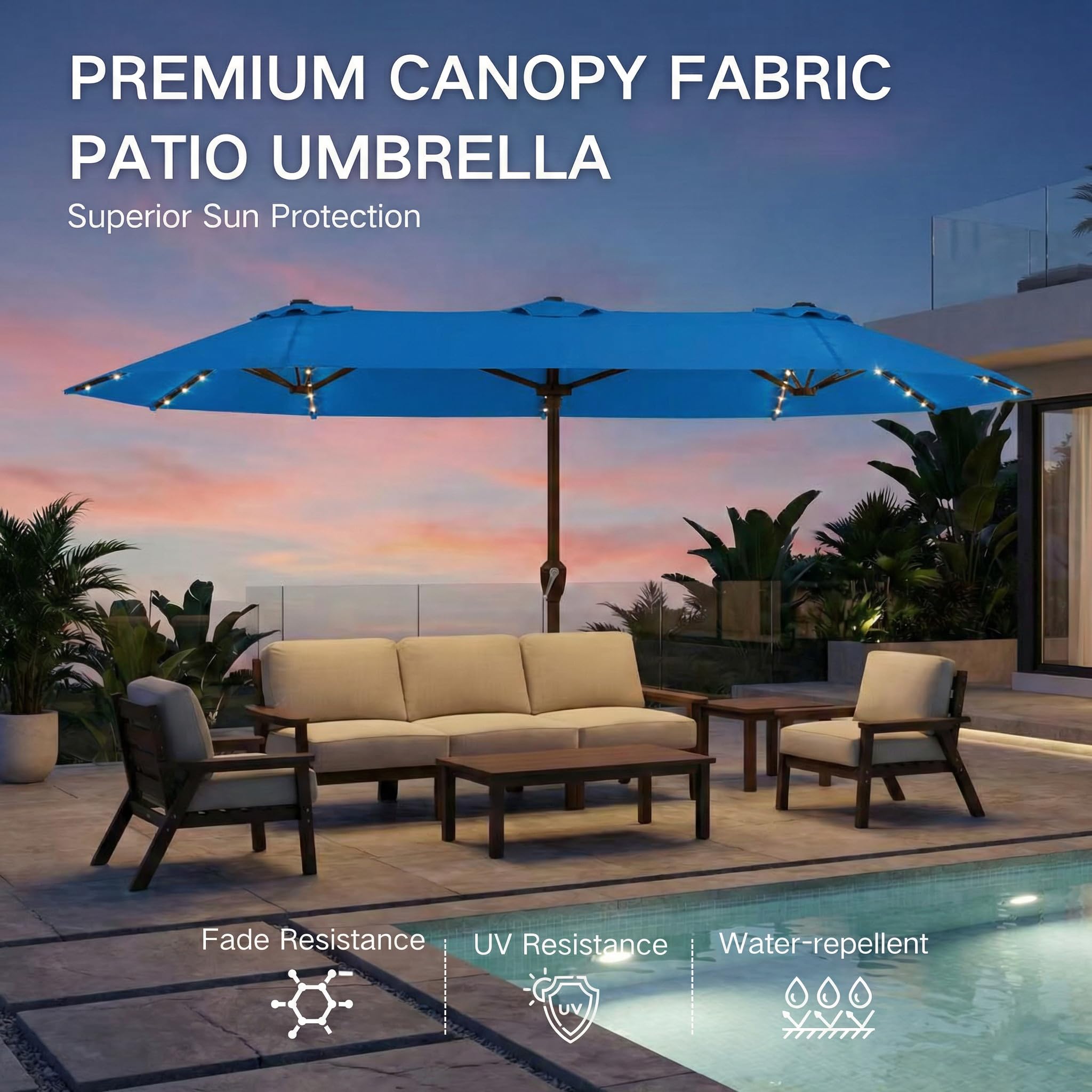 Kingdura umbrella next to lounge chairs showing size and scale