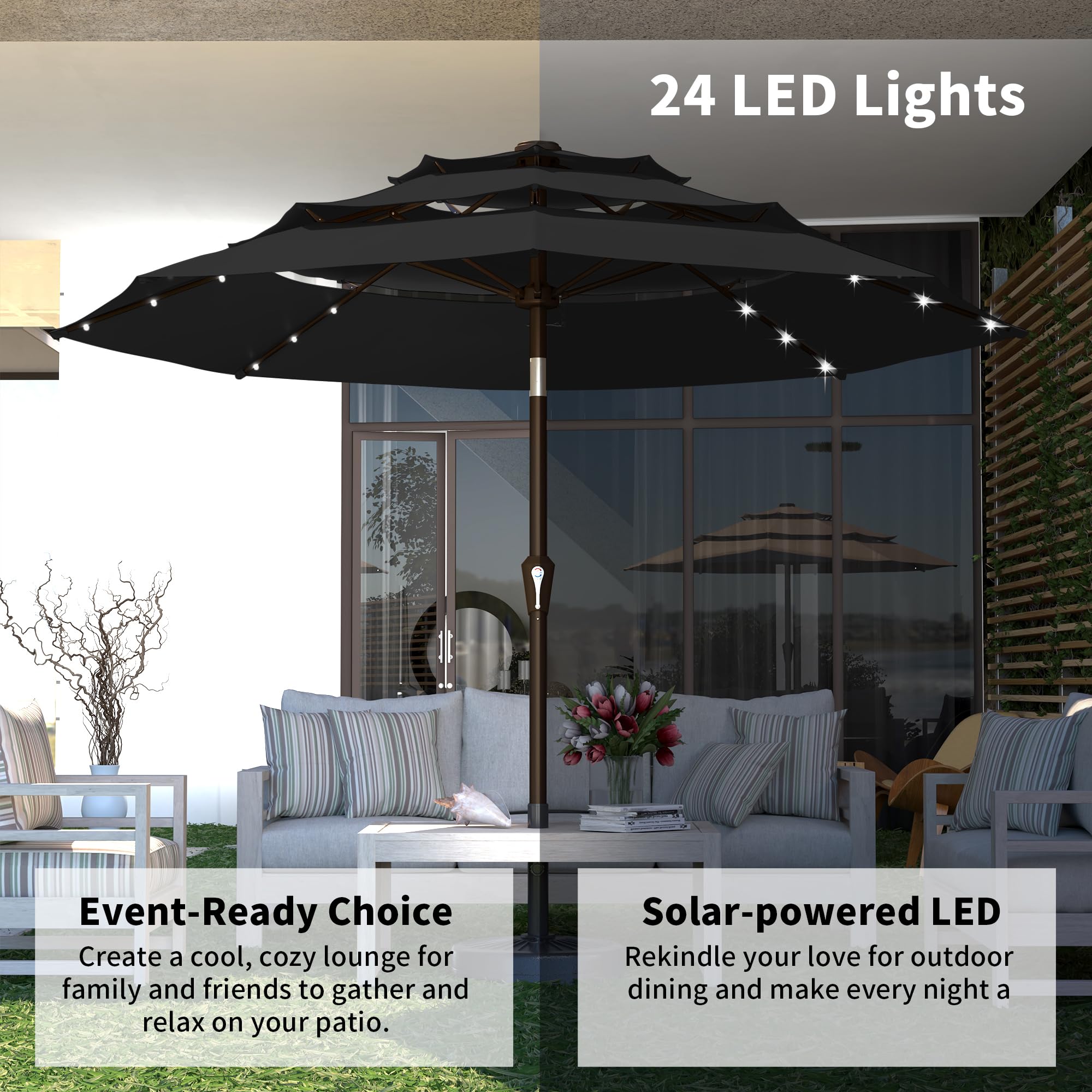 Kingdura umbrella next to table showing 10ft coverage and scale