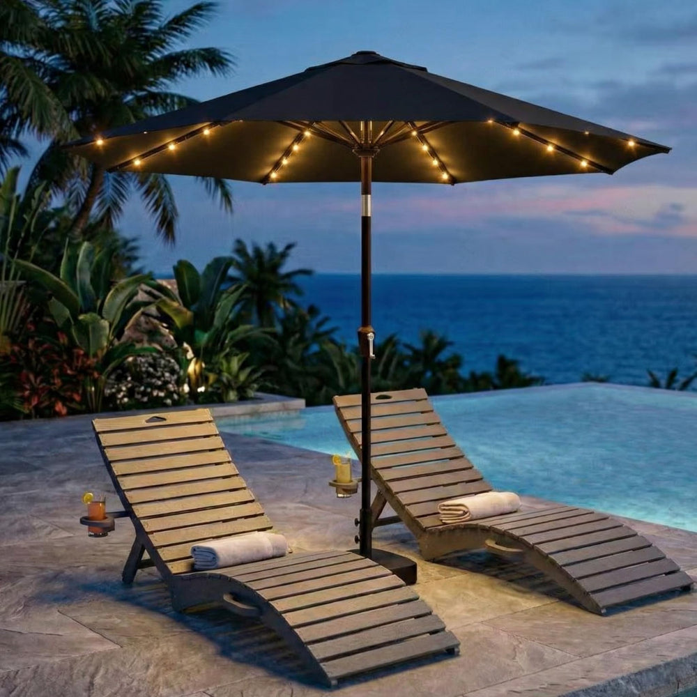 Kingdura umbrella beside chairs showing 10ft scale and coverage benefit