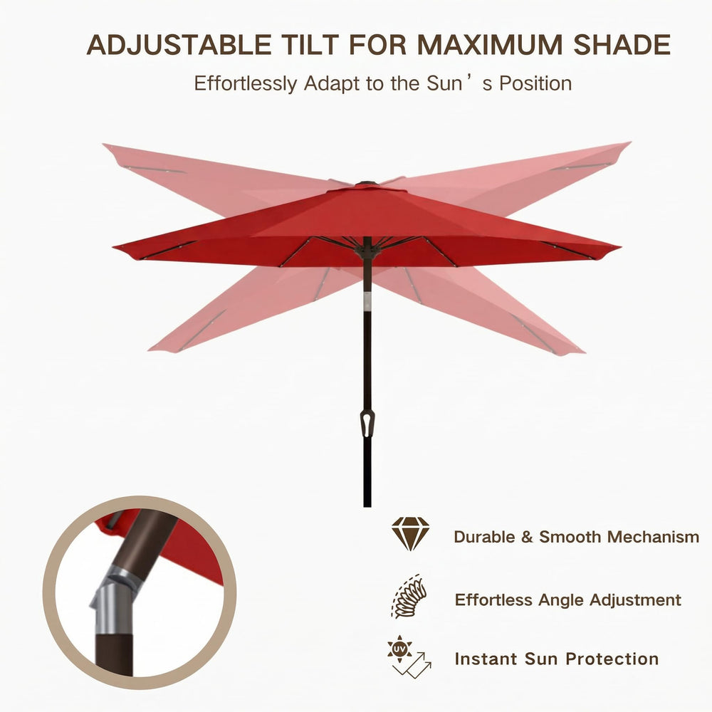 Kingdura umbrella over dining set demonstrating 10ft coverage for 6-8 chairs