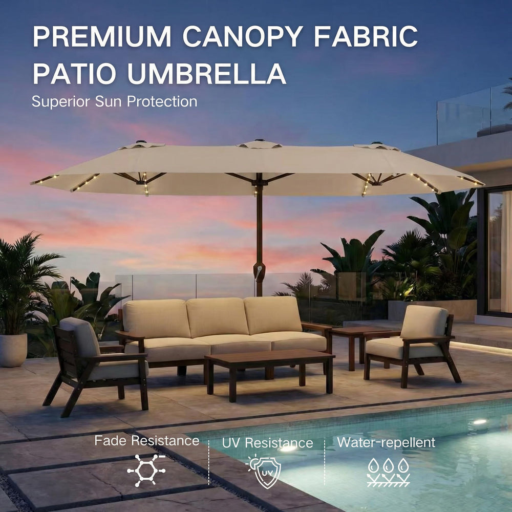 Kingdura umbrella over dining table illustrating full coverage