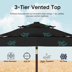 Kingdura solar panel on umbrella top charging lights for energy-free illumination