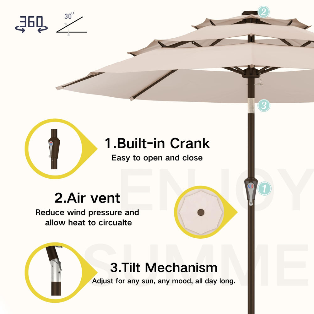Kingdura umbrella next to dining table showing size and coverage comparison