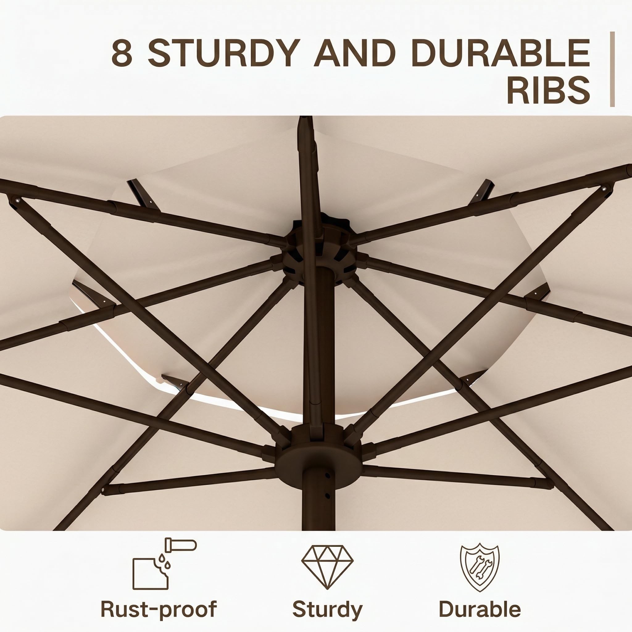Kingdura umbrella tilted over table showing adjustable angle for sun blocking