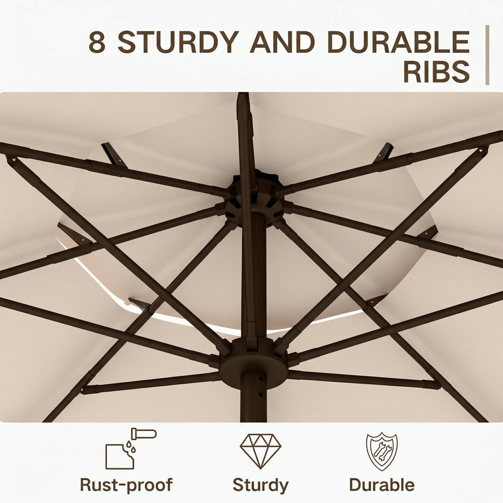 Kingdura umbrella tilted over table showing adjustable angle for sun blocking