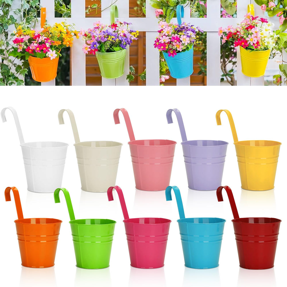 KINGLAKE front view of ten colorful metal pots showing variety and tidy arrangement