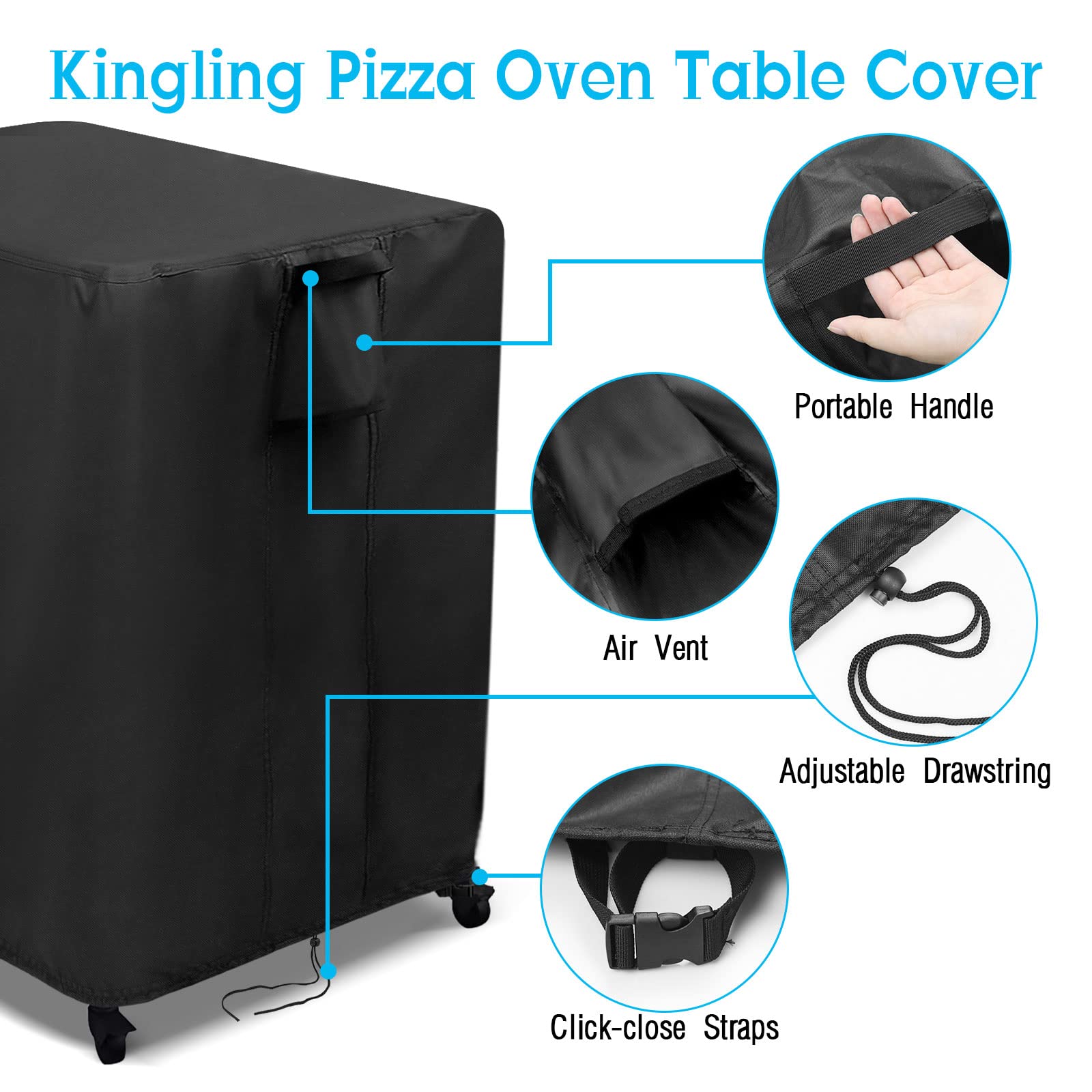 Kingling bottom drawstring and snap closures securing cover against wind