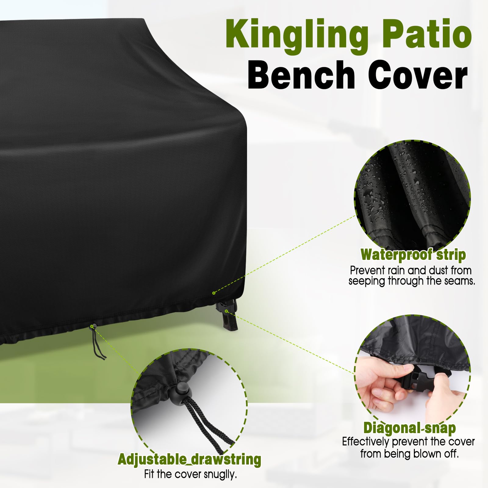 Kingling cover installed on bench in garden protecting furniture from weather
