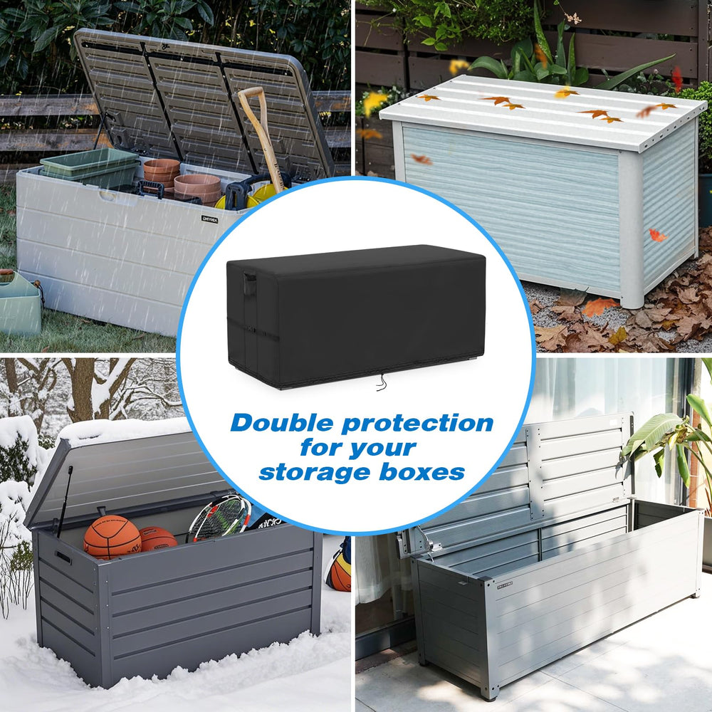 Kingling-covered deck box in backyard setting protecting contents from weather