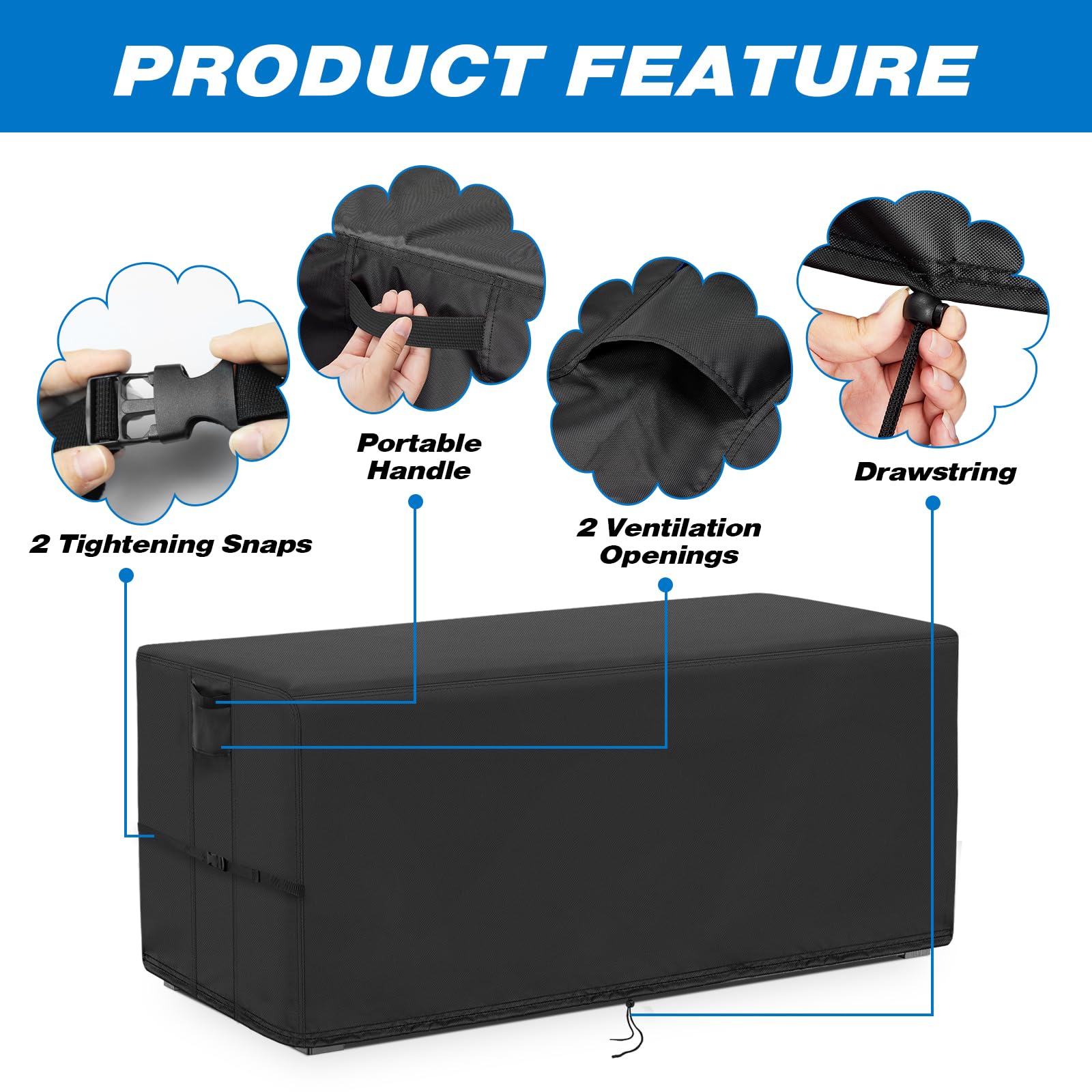 Kingling bottom drawstring and corner snap closure securing cover against wind