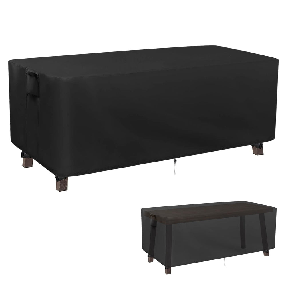 Kingling front view of rectangular table cover protecting table outdoors