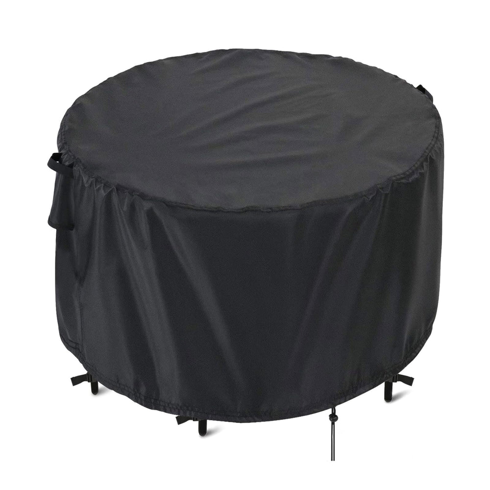 Kingling front view of round patio cover protecting table and chairs, weather protection