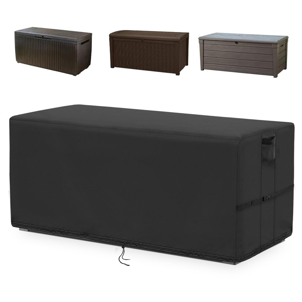 Kingling front view of 70-inch deck box cover protecting large storage box, keeps contents dry