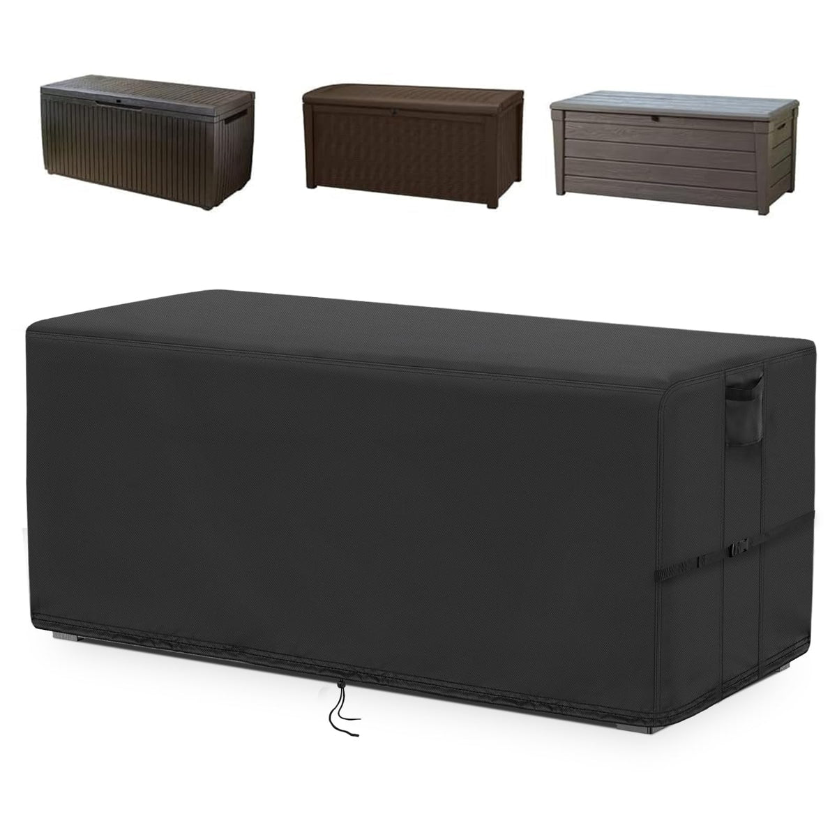 Kingling front view of 70-inch deck box cover protecting large storage box, keeps contents dry
