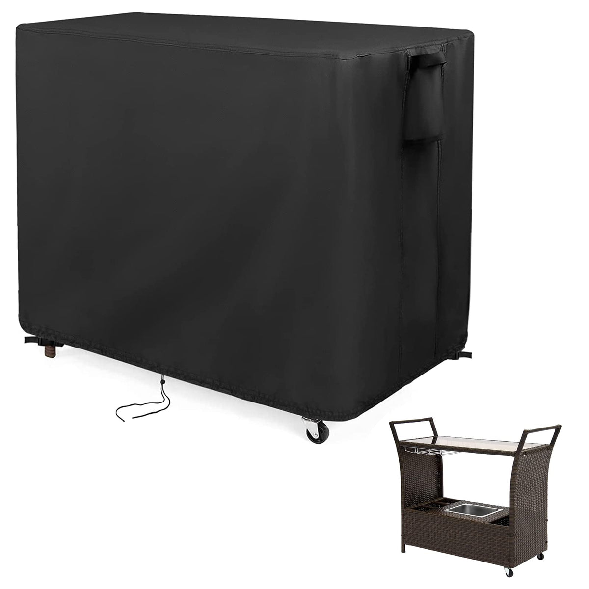 Kingling front view of cover fitted on wicker bar cart protecting from elements