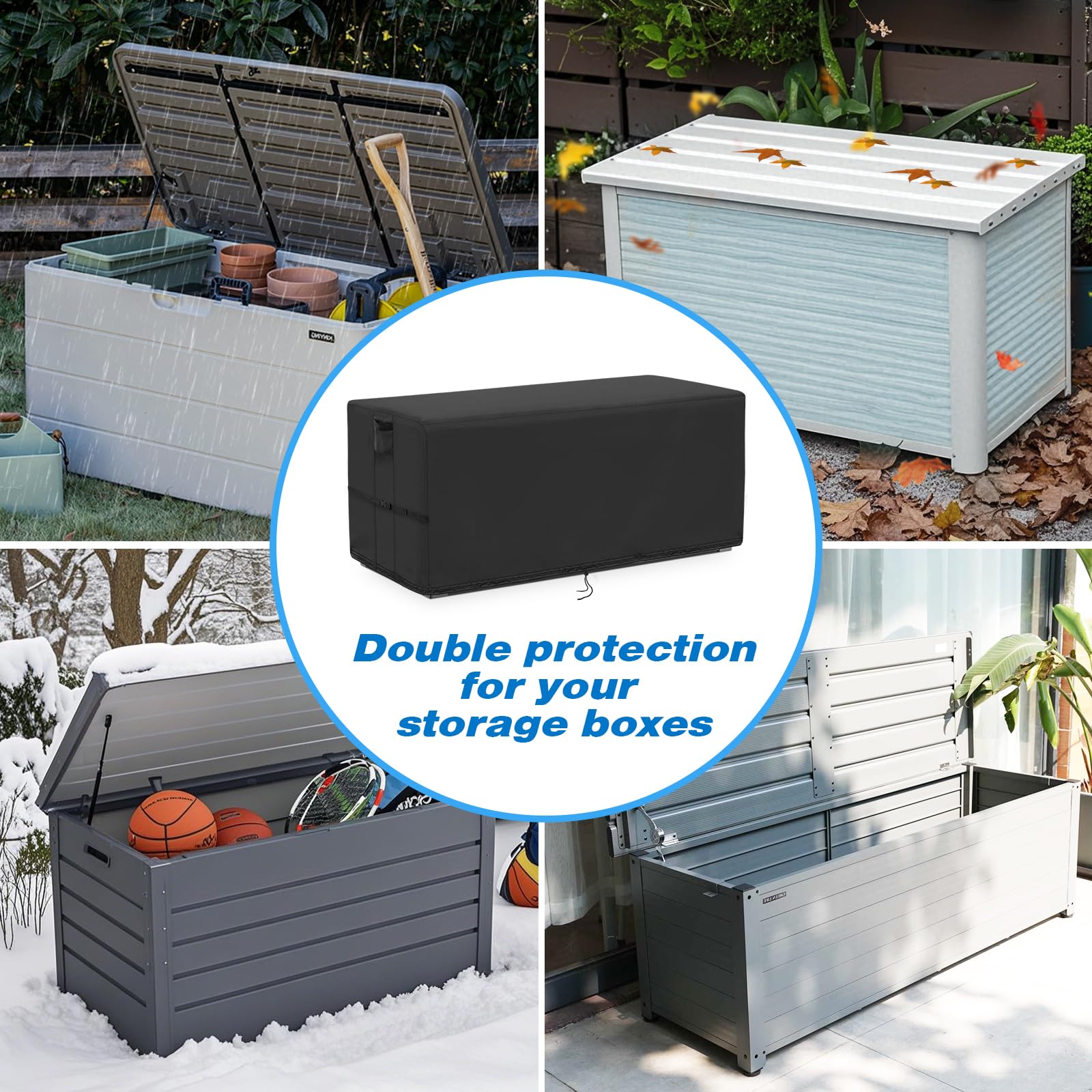 Kingling deck box cover in use on patio protecting cushions and pool accessories from weather
