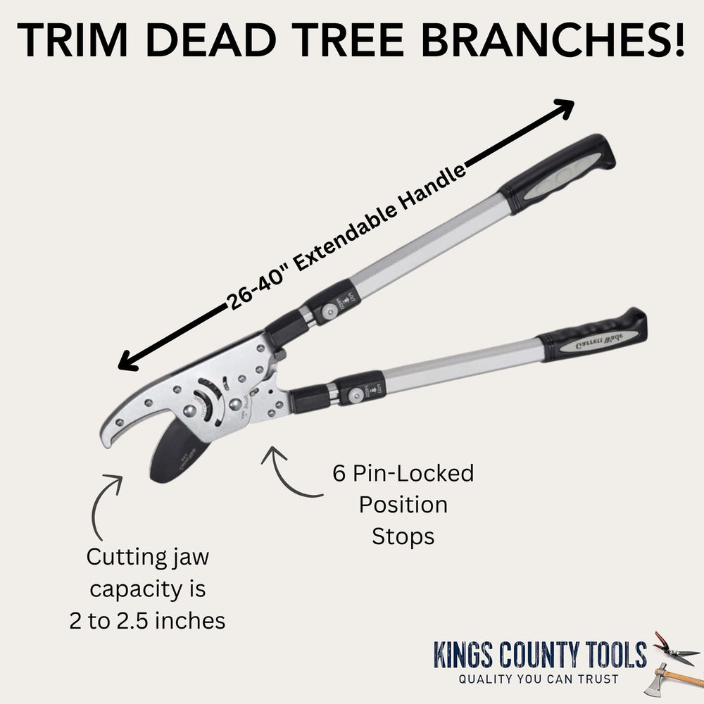 Kings County Tools loppers extended in use demonstrating extra reach for high branches