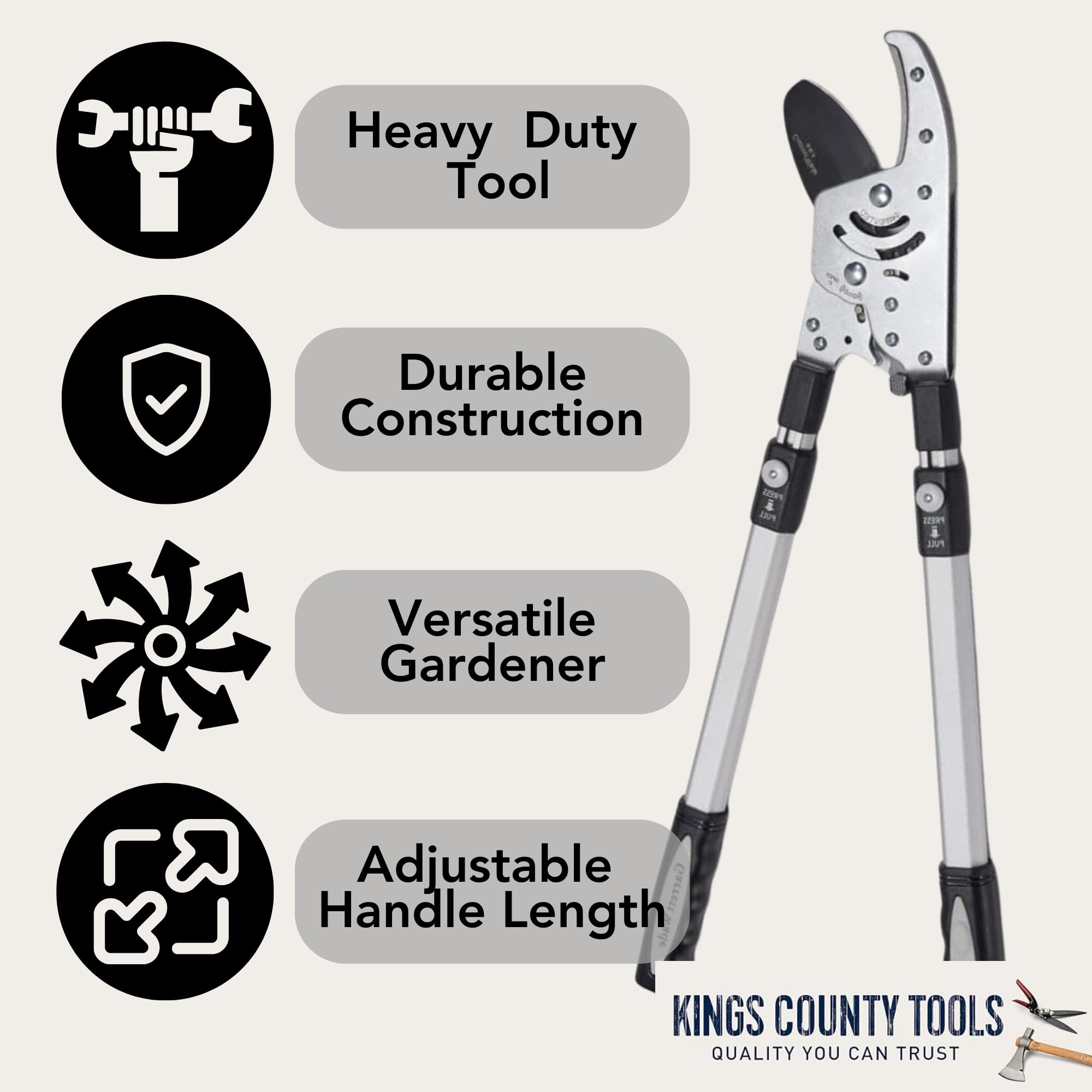Kings County Tools handle lock detail showing pin-stop for safe telescoping adjustment