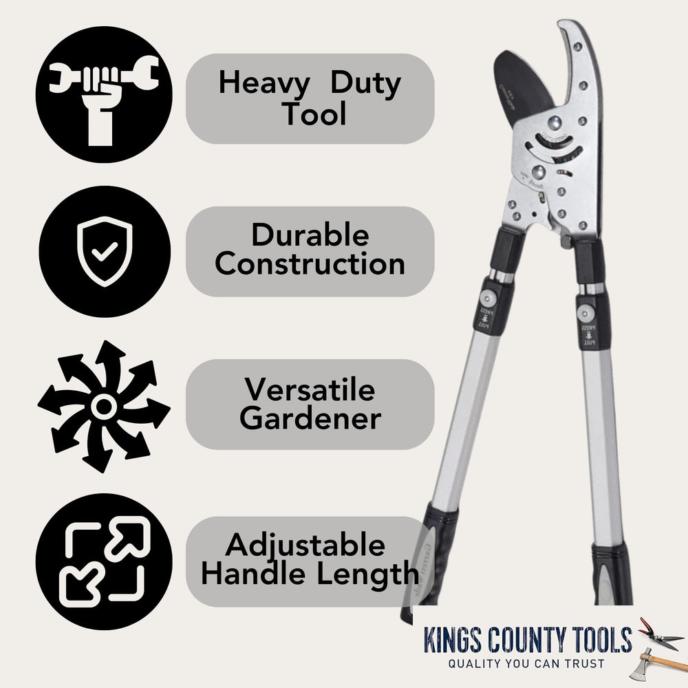 Kings County Tools handle lock detail showing pin-stop for safe telescoping adjustment