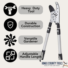 Kings County Tools handle lock detail showing pin-stop for safe telescoping adjustment