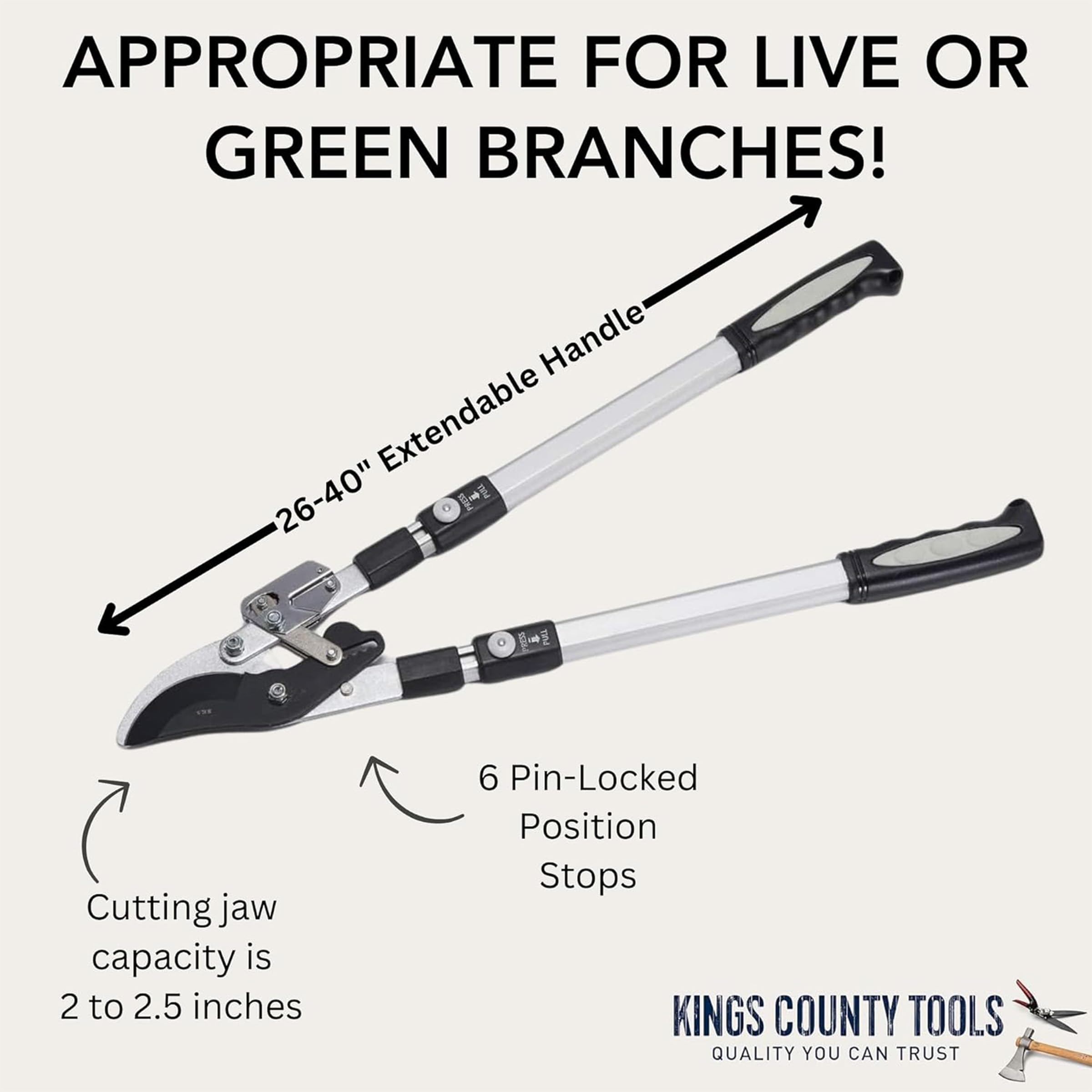 Kings County Tools handle lock detail showing pin stops for secure telescoping