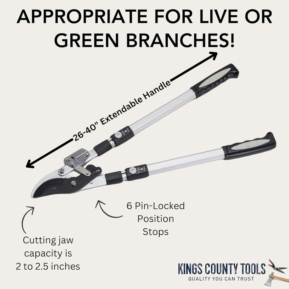 Kings County Tools handle lock detail showing pin stops for secure telescoping