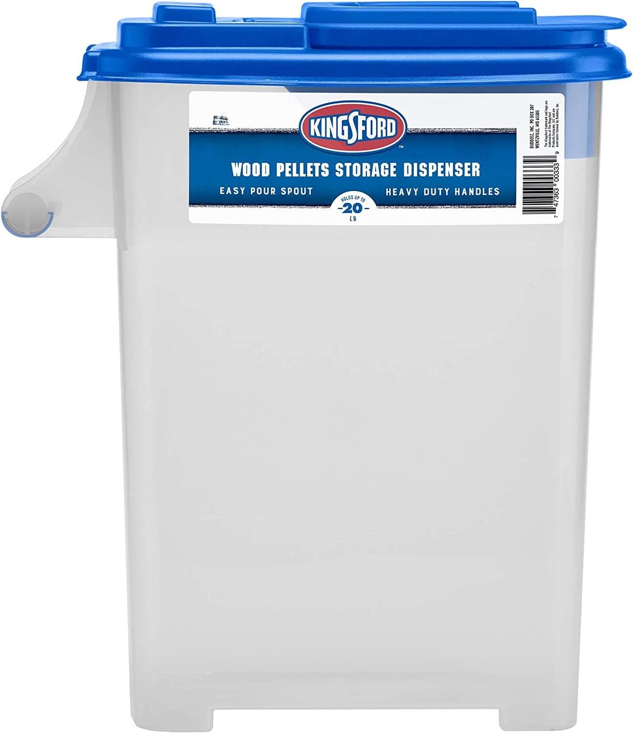 Buddeez Kingsford beside a 20 lb bag showing capacity and scale benefit