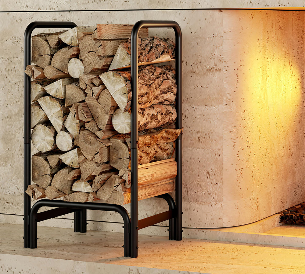 Kingson front view showing sleek black log holder and organized wood benefit