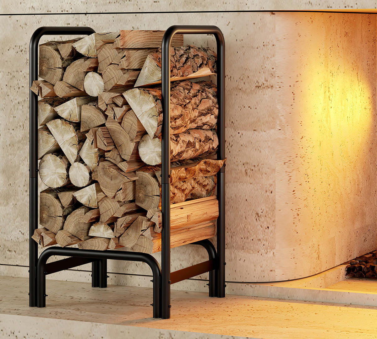 Kingson front view showing sleek black log holder and organized wood benefit