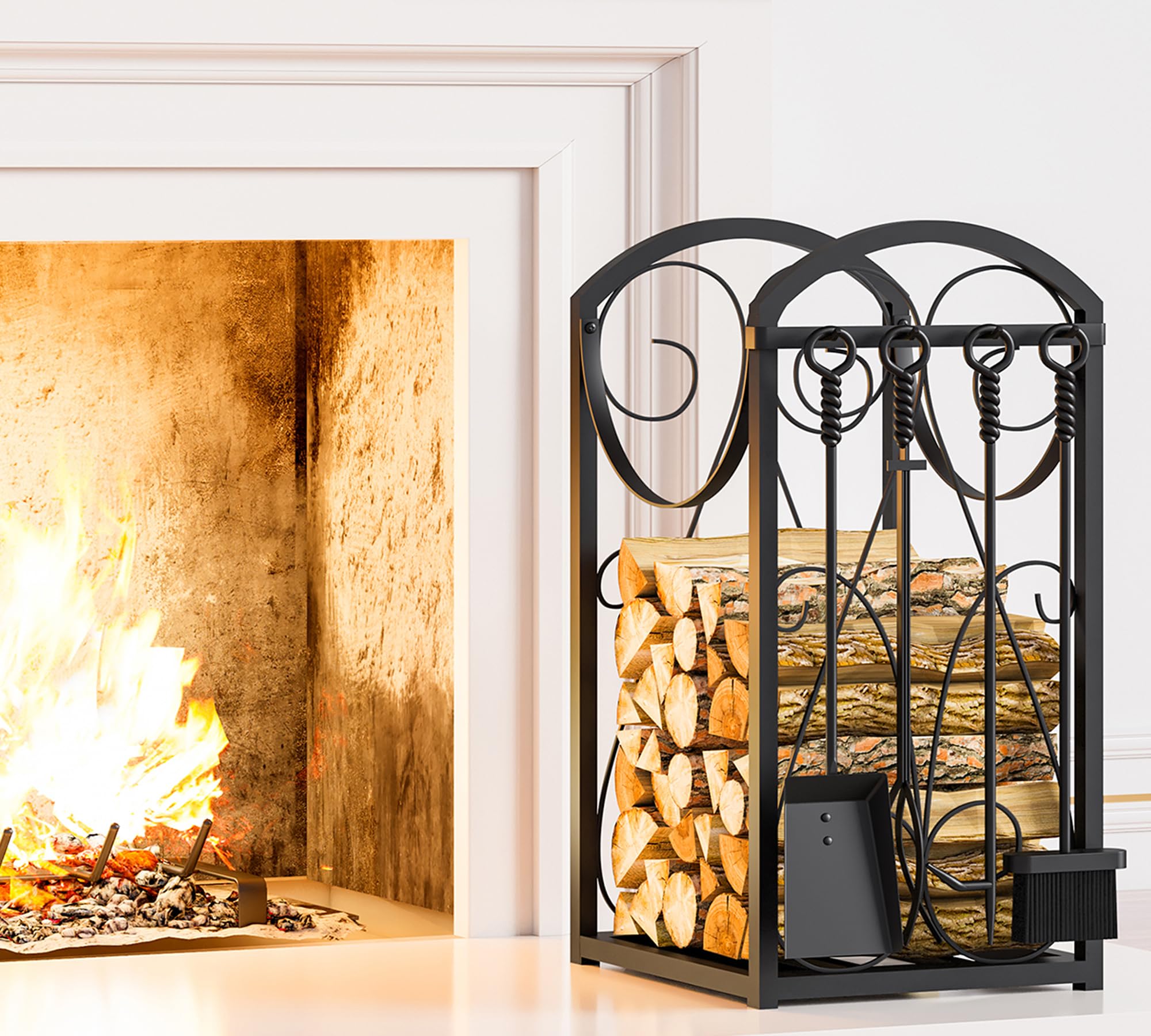 Kingson front view of firewood rack showing organized log storage and tidy hearth