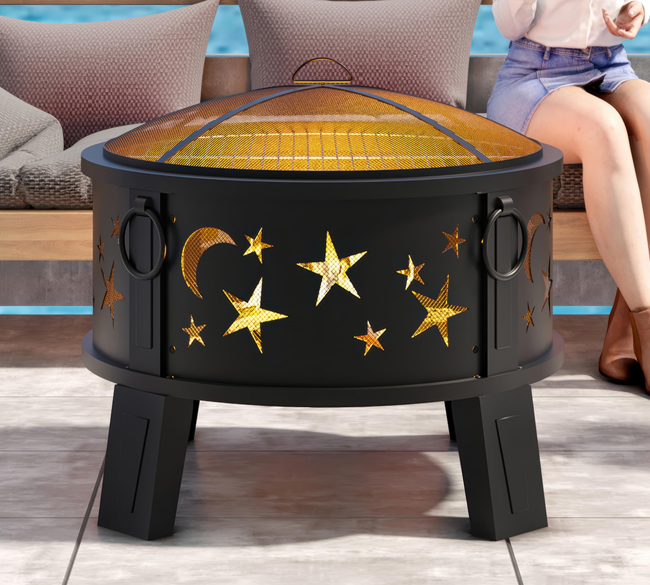 Kingson fire pit on patio with friends gathered offering cozy heat and ambience