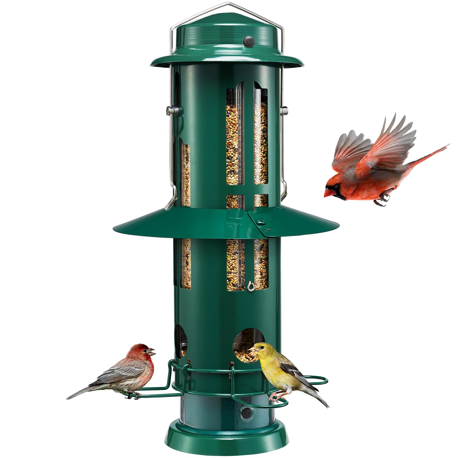 Kingsyard front view of feeder showing durable metal design and ports, attracts birds