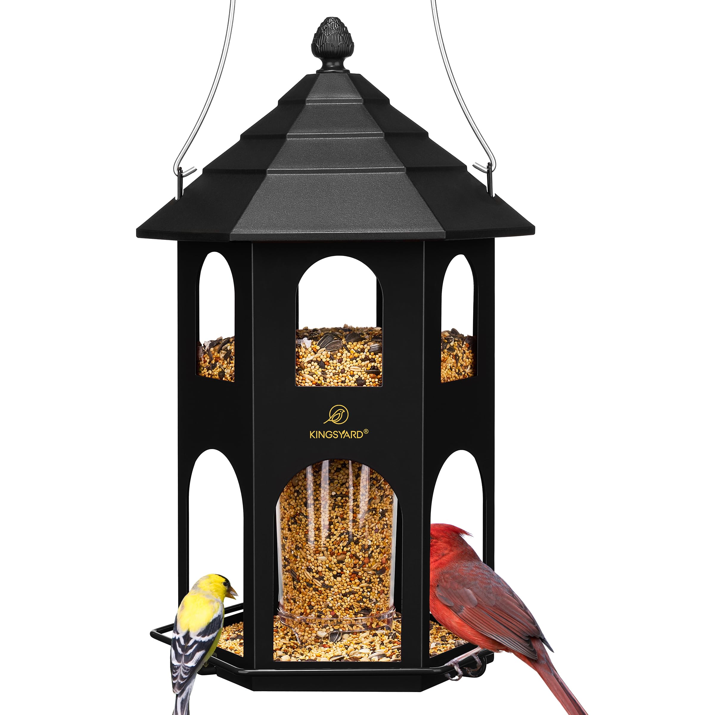 Kingsyard front view of black metal feeder showing durable design and weatherproof benefit