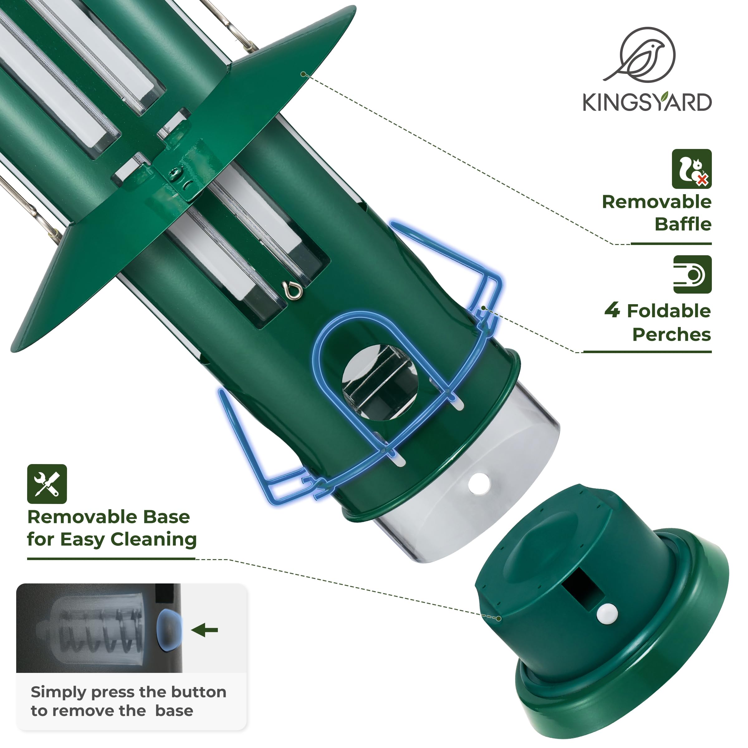 Kingsyard removable base open for cleaning and fast, tool-free maintenance