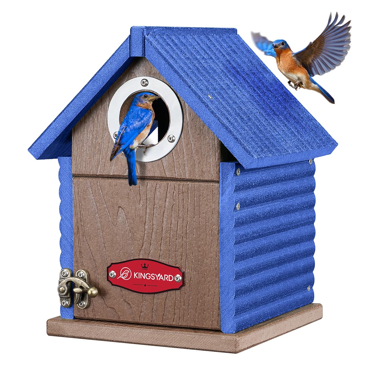 Kingsyard front-facing bluebird house showing durable recycled plastic and weatherproof benefit