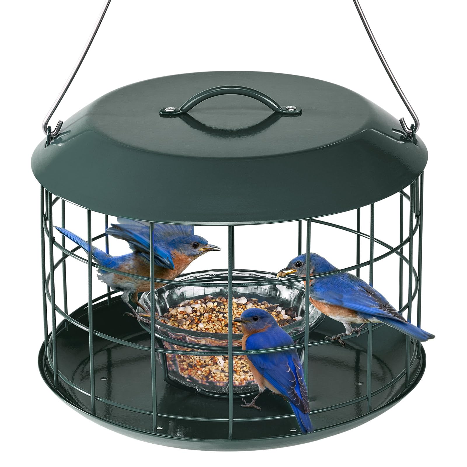 Kingsyard front-profile hanging feeder showing durable metal and bowl benefit
