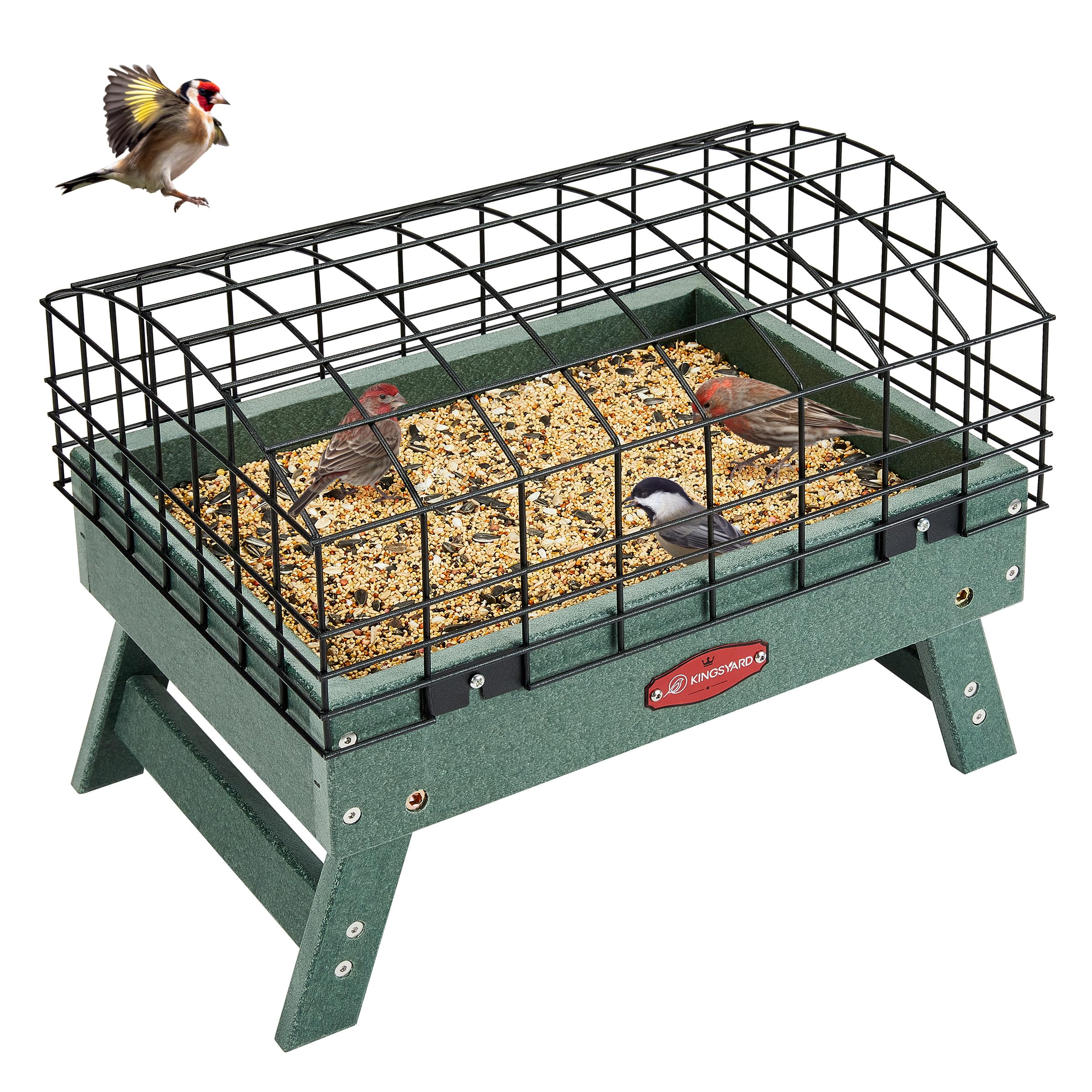 Kingsyard front view showing caged platform and squirrel-proof design for protected feeding