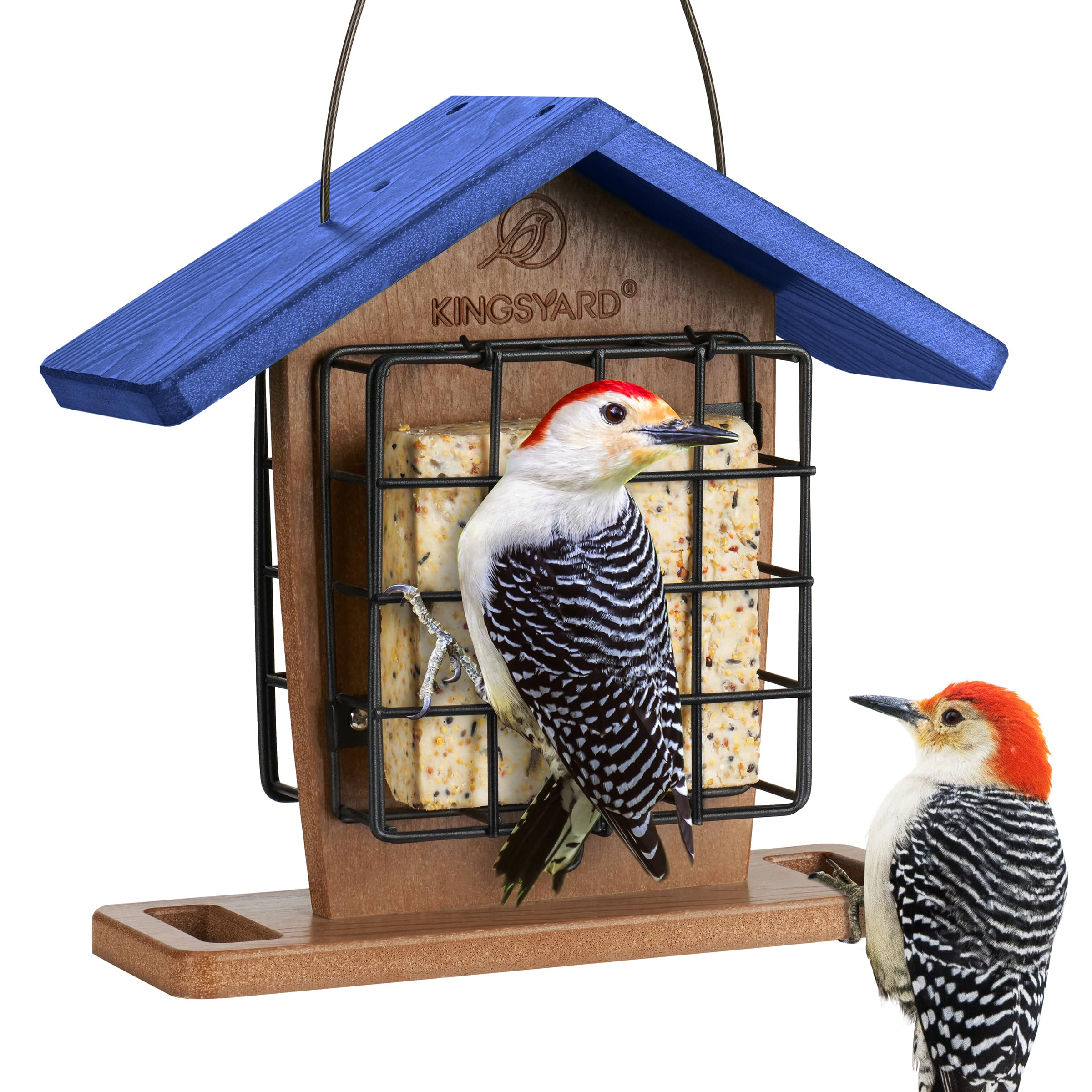 Kingsyard front view showing double suet cages and durable design benefit of dual feeding