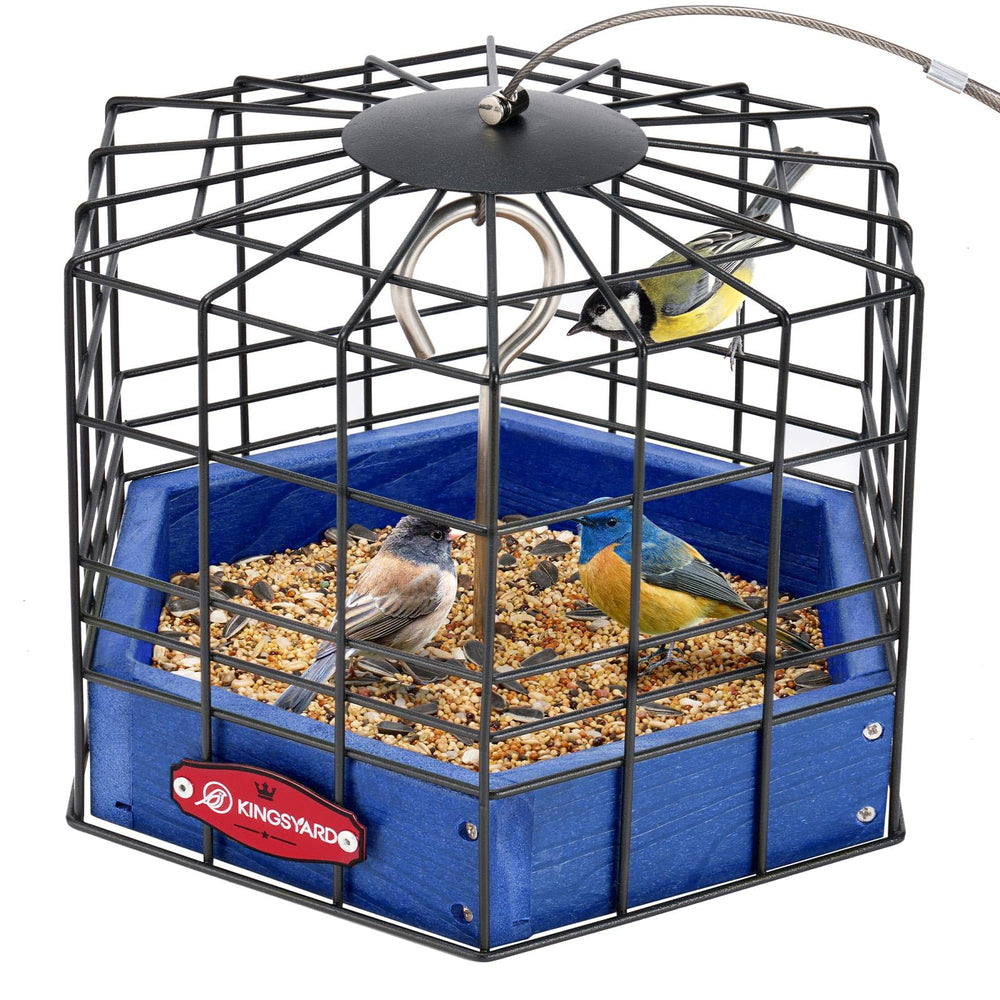 Kingsyard front view of platform feeder showing caged protection and accessibility