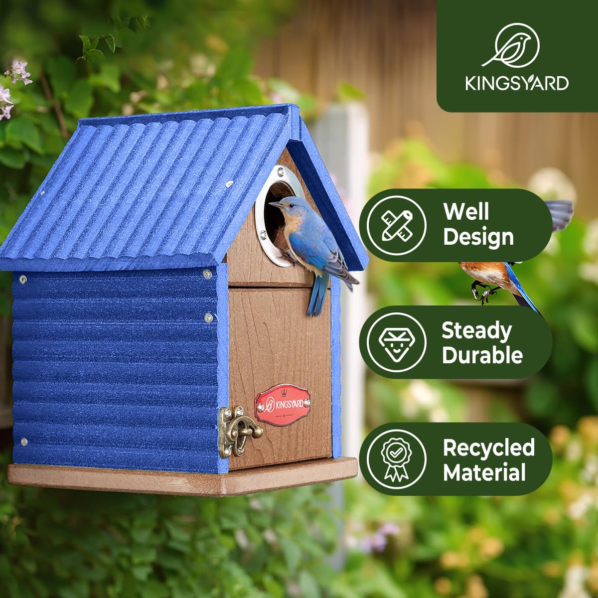 Kingsyard mounted on a post in garden attracting small birds and enhancing yard wildlife
