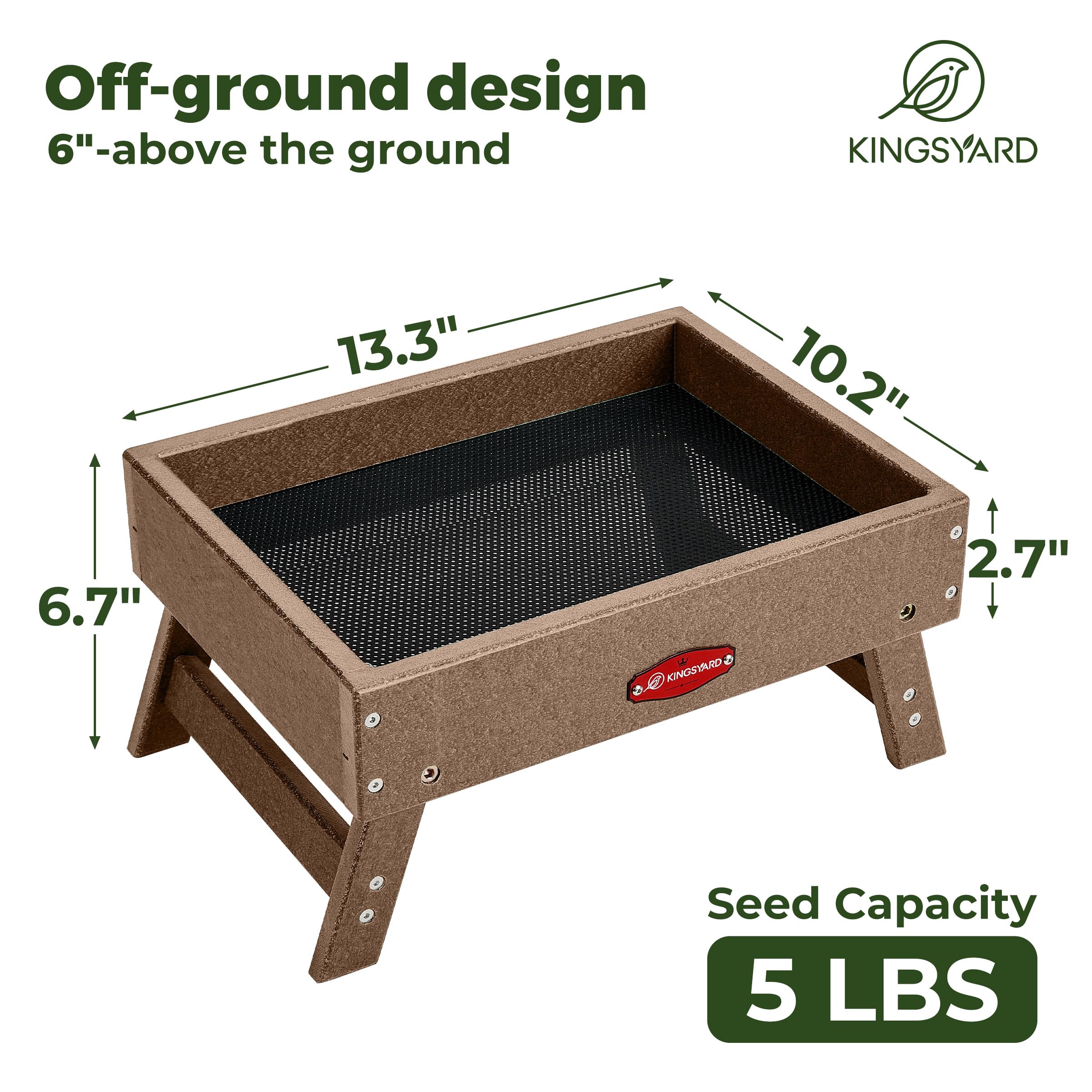 Kingsyard detailed metal mesh base highlighting fast drainage and fresher seed