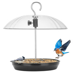 Kingsyard feeder front view showing hanging tray and dome protects feed