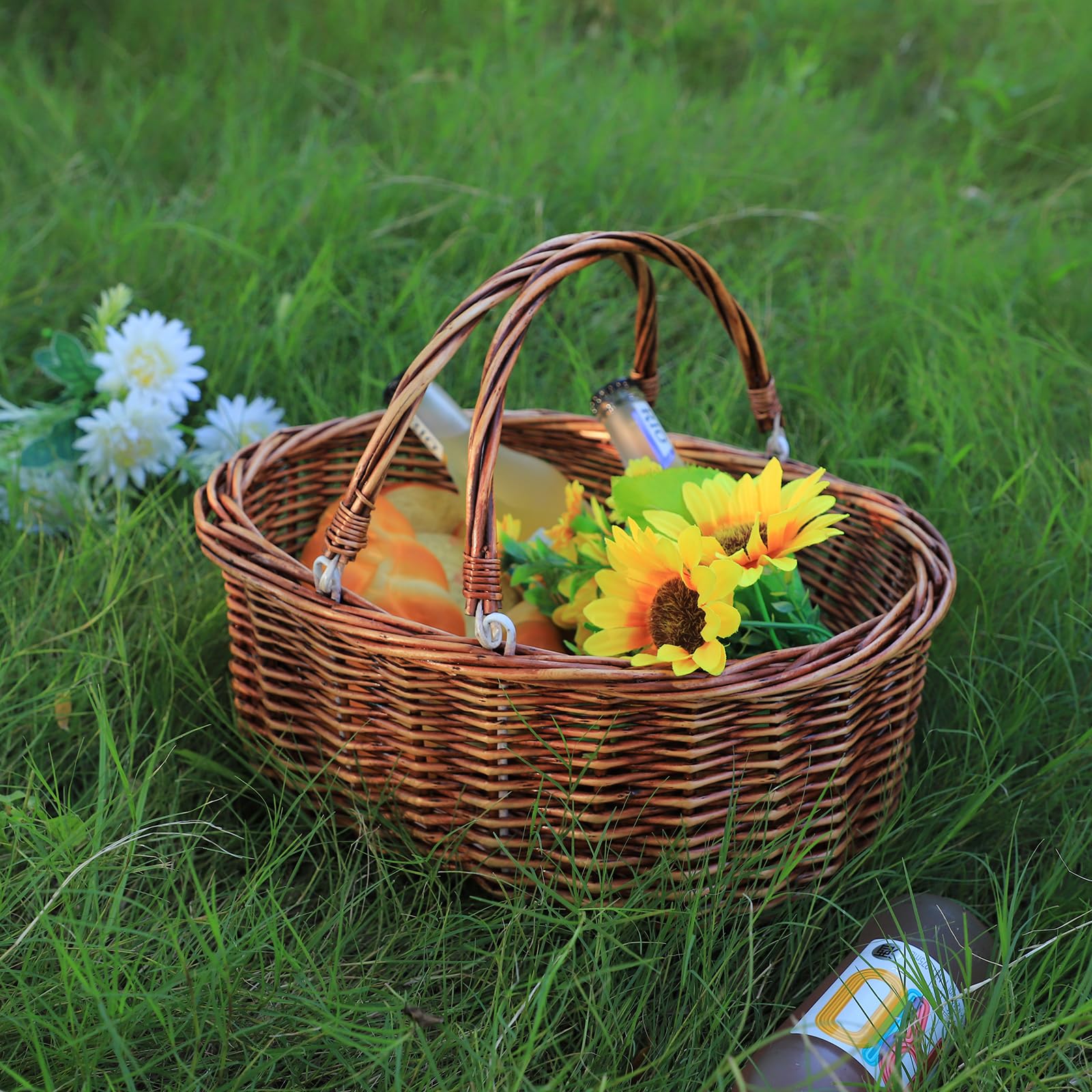 KINGWILLOW picnic setup with basket carrying snacks and plates for easy outdoor meals