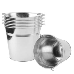 KINJOEK front view of eight galvanized buckets showing rustic decor versatility