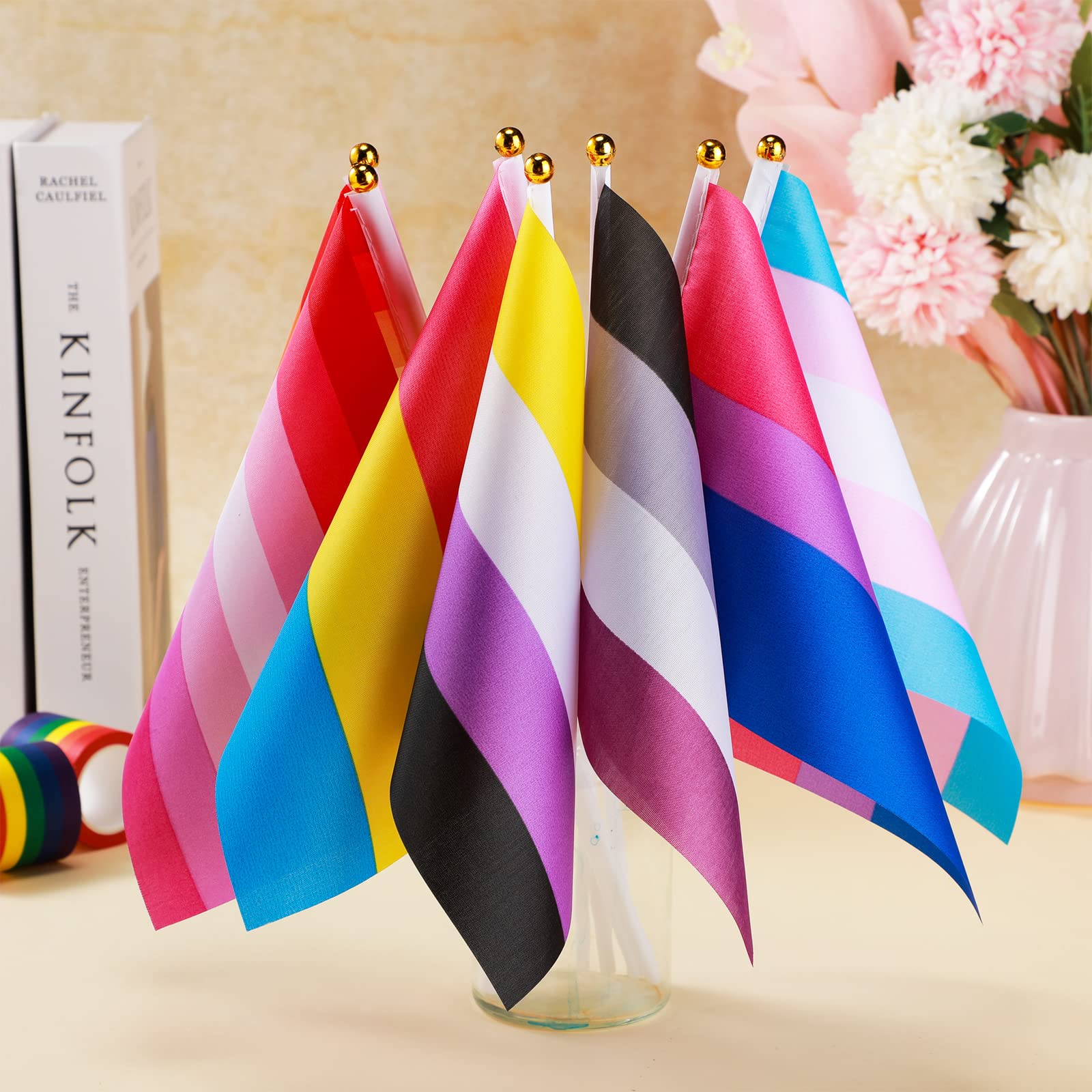 Kinlop flags arranged in a table centerpiece adding colorful party accents