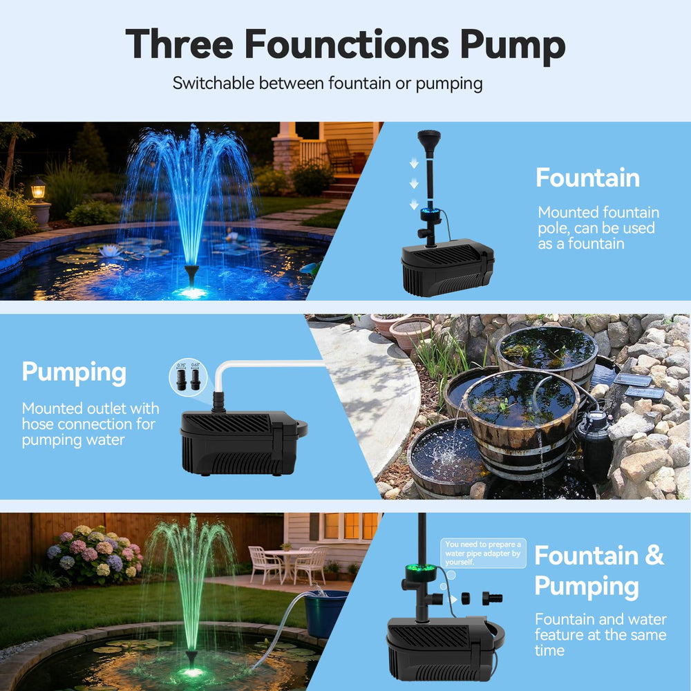 KioGro pump illuminated at night with RGB LEDs highlighting pond surface aesthetics benefit