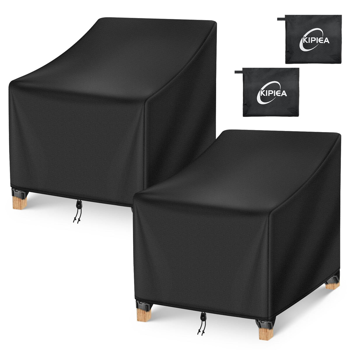 Kipiea front view of cover protecting chair, shows full coverage and weather defense